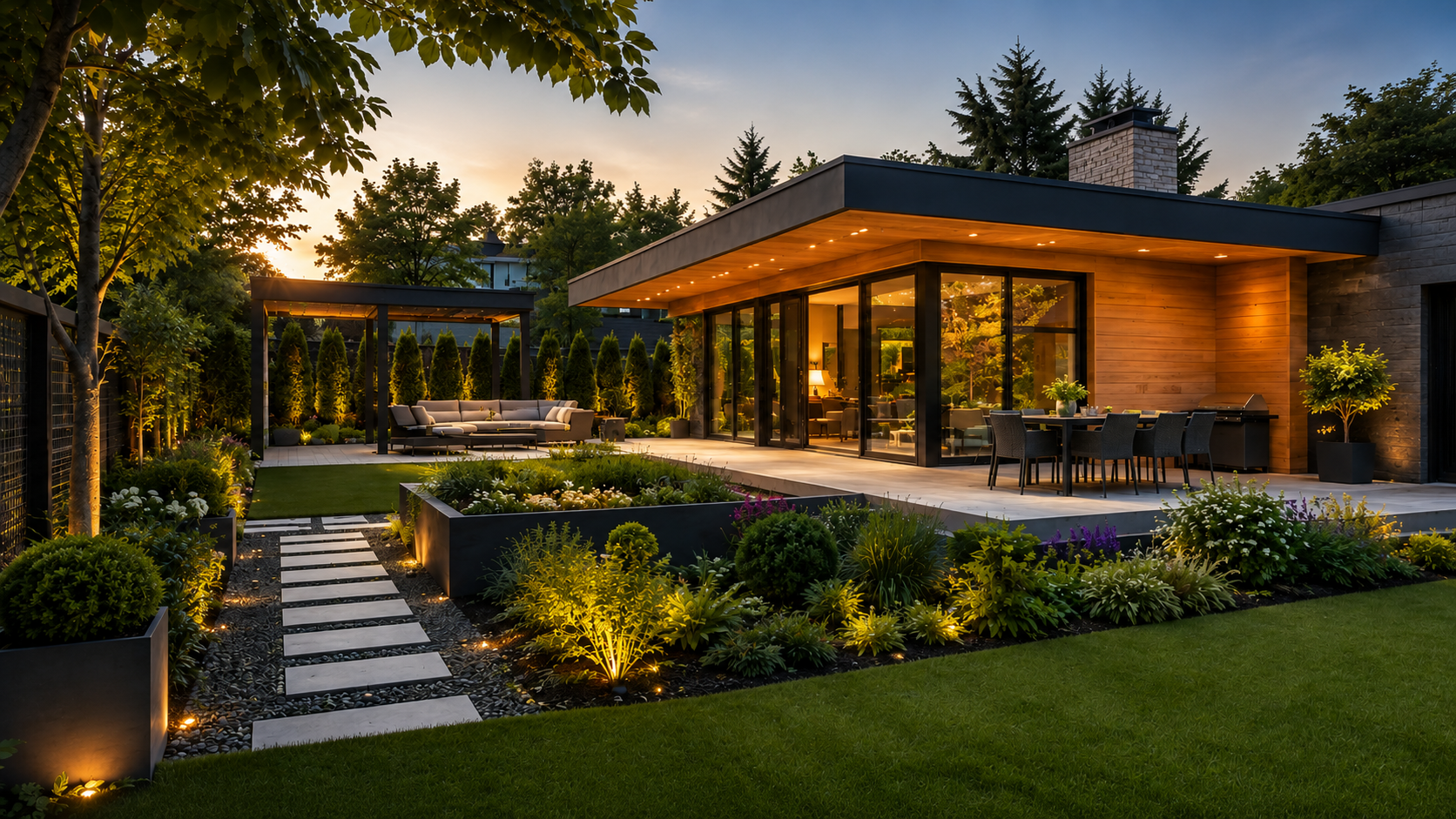 Professionally landscaped and illuminated modern garden